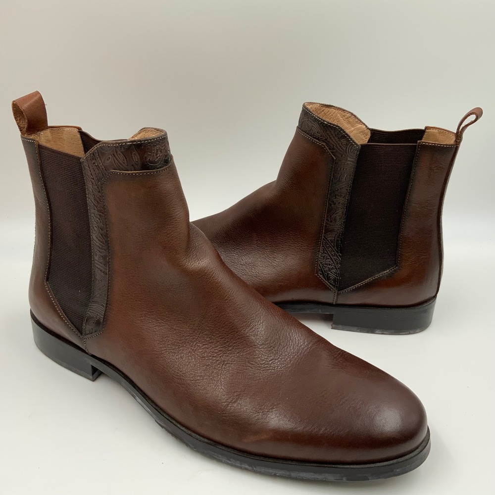 Robert Graham Mens Brown Leather Paisley Trim Chelsea Boots RGB5143 Size 12